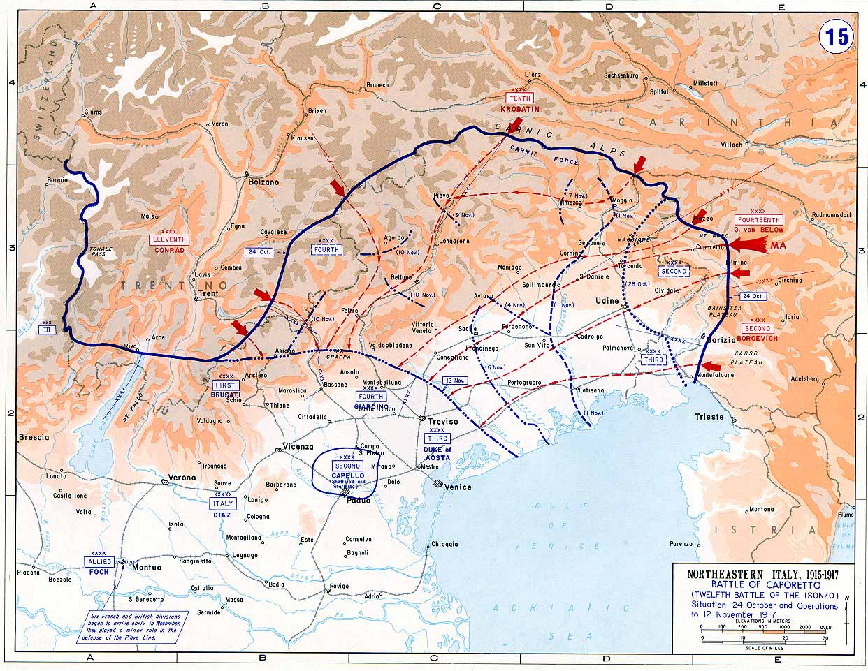 Map of Northern Italy, with military lines describing troop movements after the defeat of Caporetto